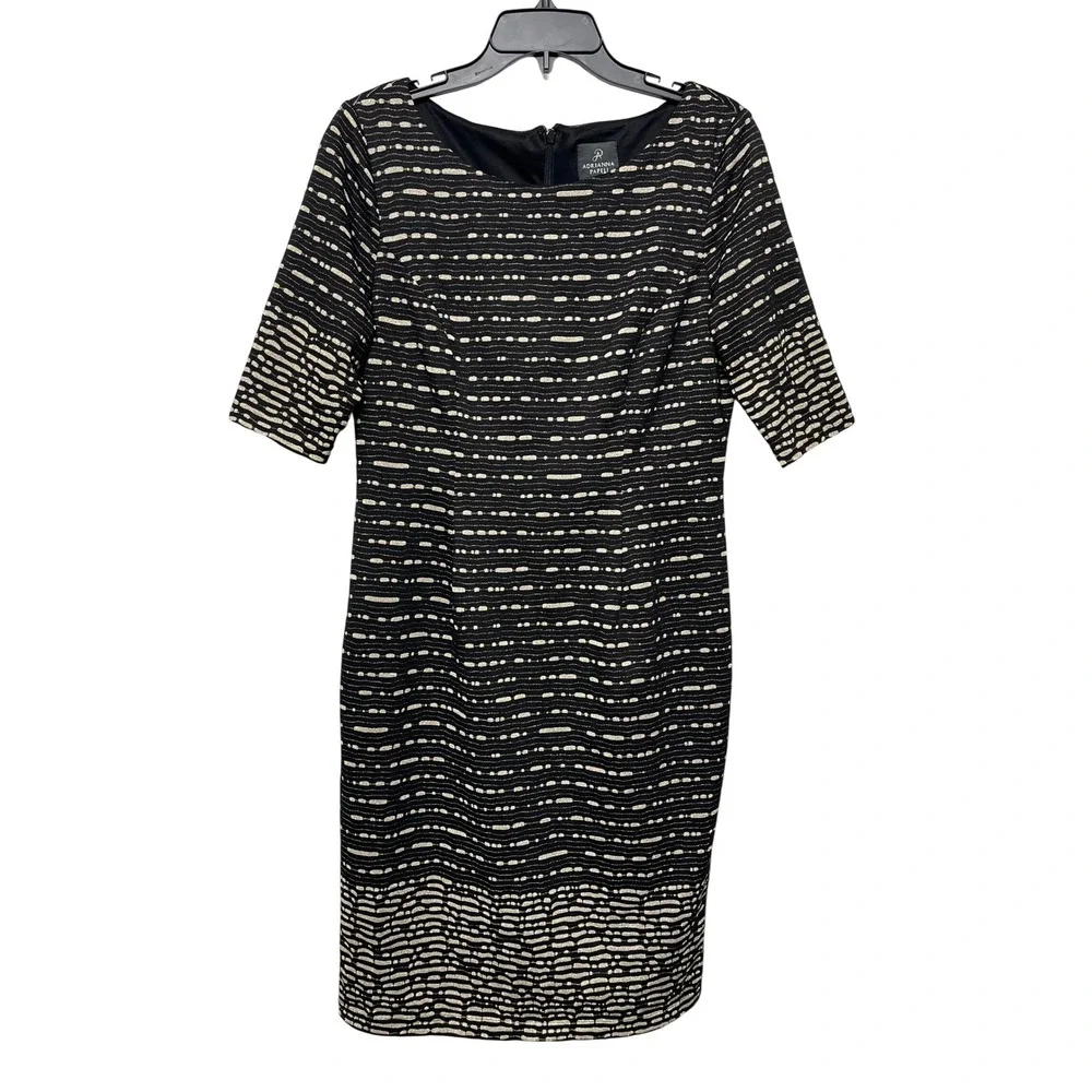 Adrianna Papell Black Gold Metallic Textured Sheath Dress Elbow Sleeve Size 12